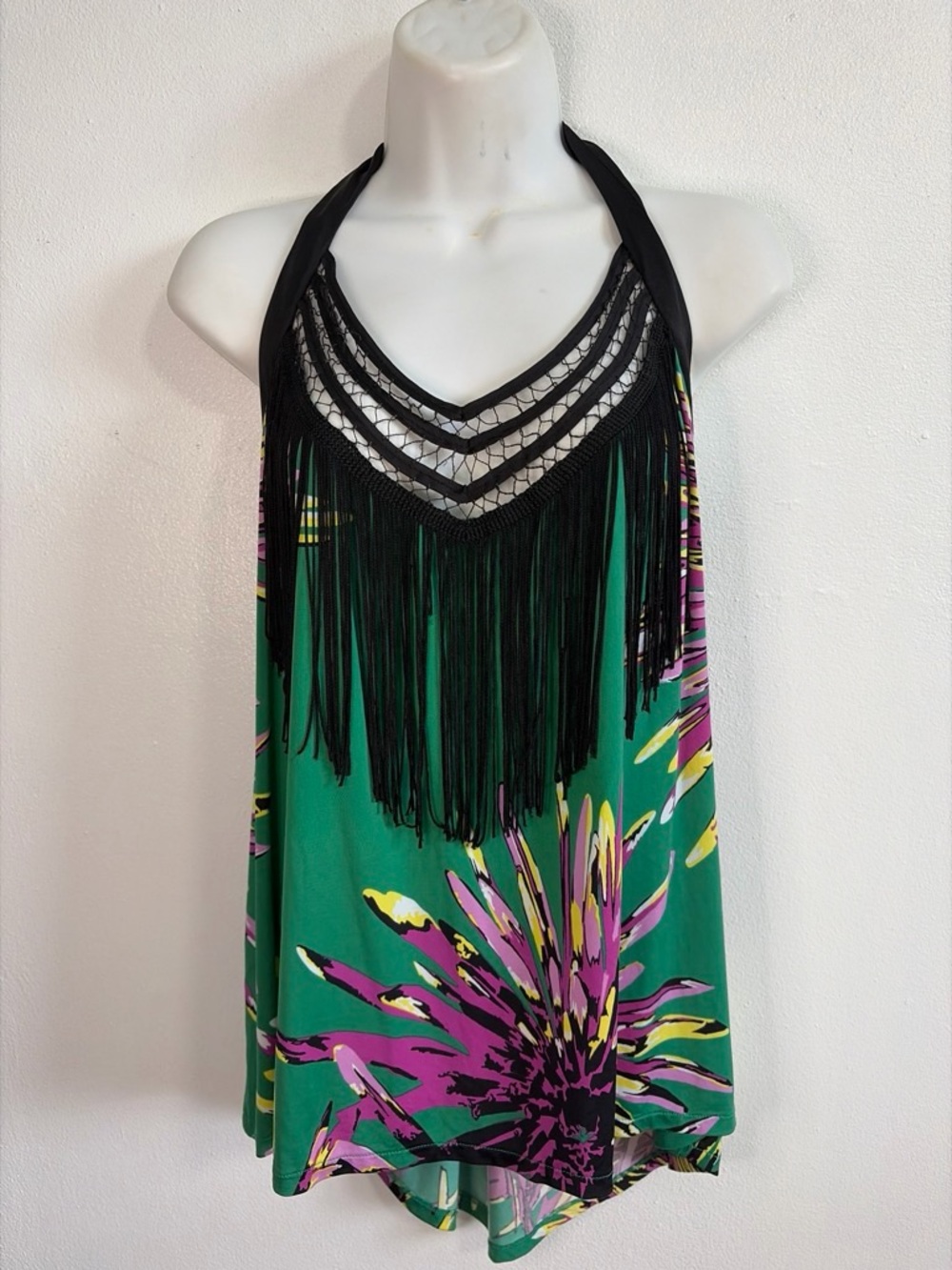 Baby Phat Fringe Halter Top XL Y2K Green Floral Crochet Bib Tie Neck Open Back